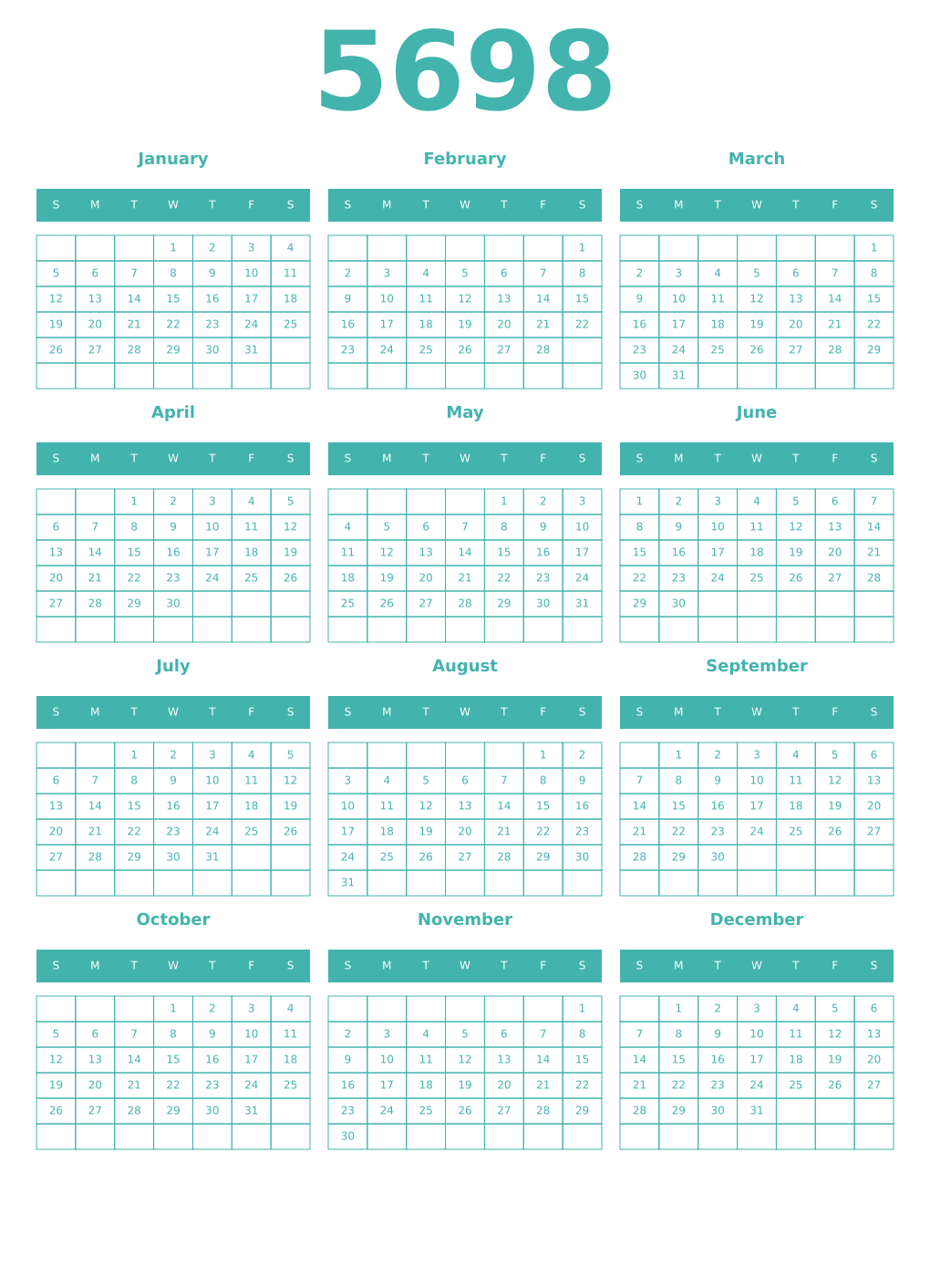 Printable 5698 Year Calendars verdigris