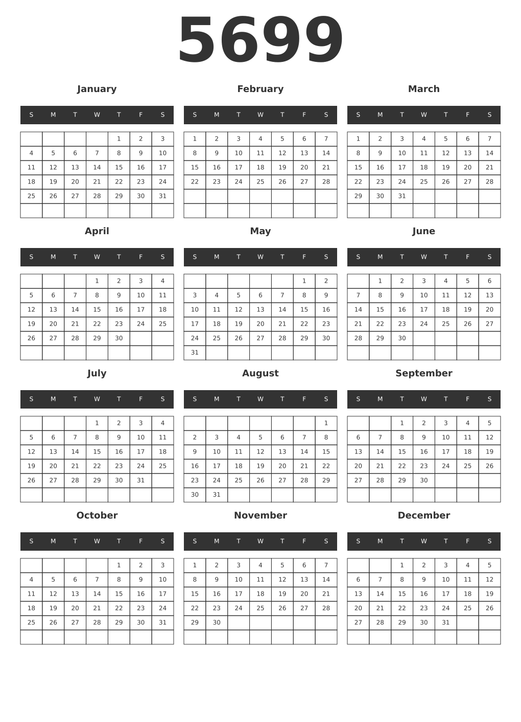 Printable 5699 Year Calendars dark