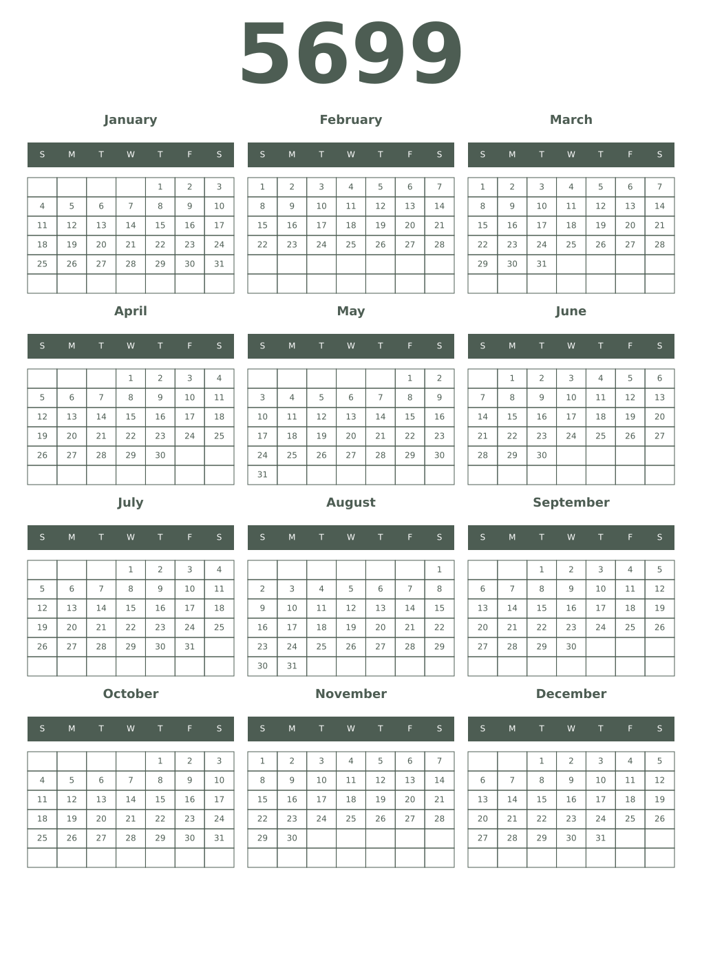 Printable 5699 Year Calendars feldgrau
