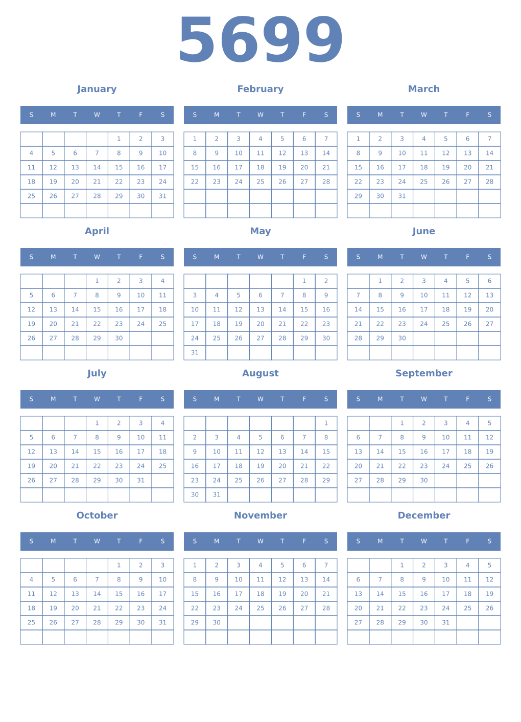 Printable 5699 Year Calendars glaucous