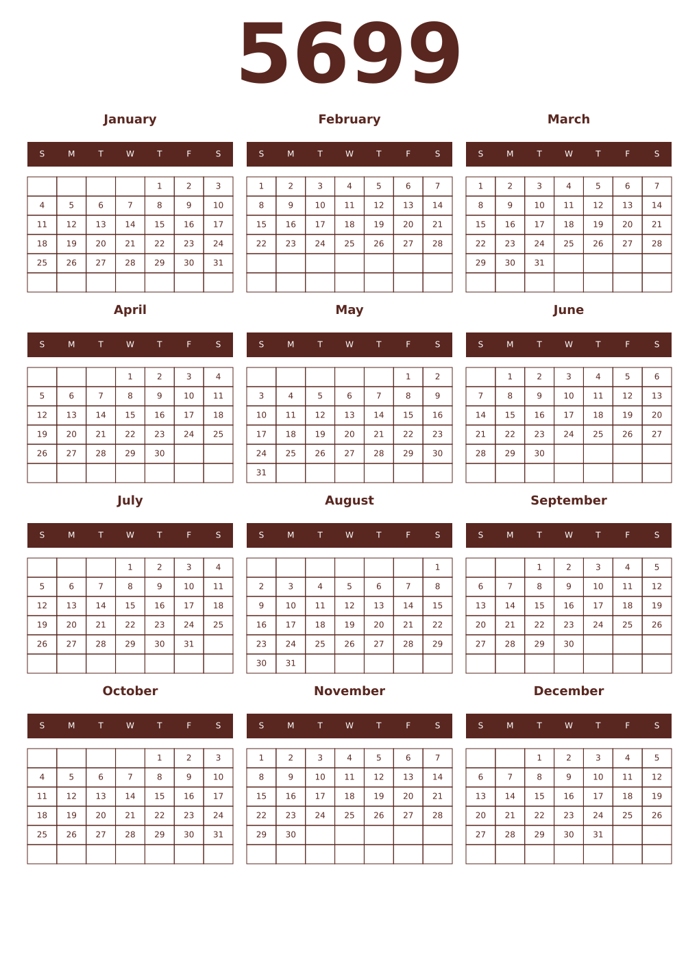 Printable 5699 Year Calendars mortuum