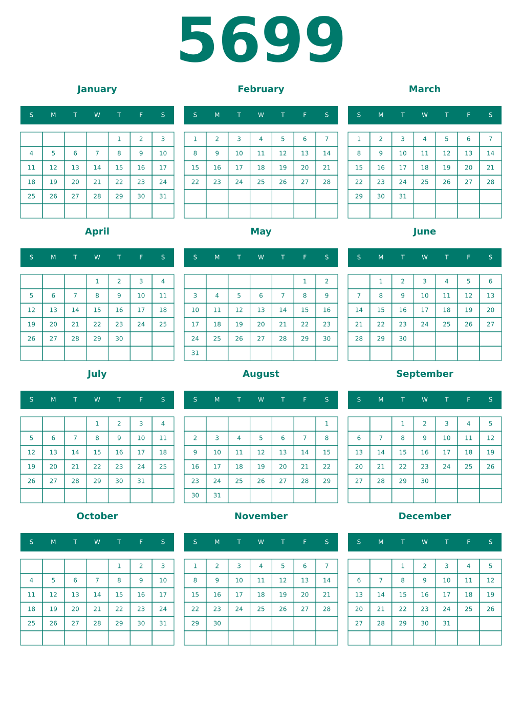 Printable 5699 Year Calendars pastel