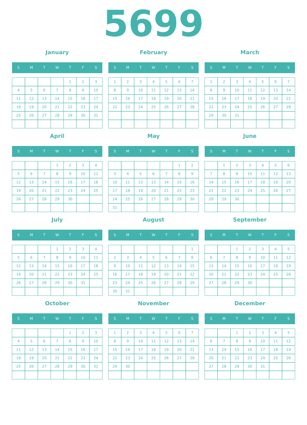Printable 5699 Year Calendars verdigris
