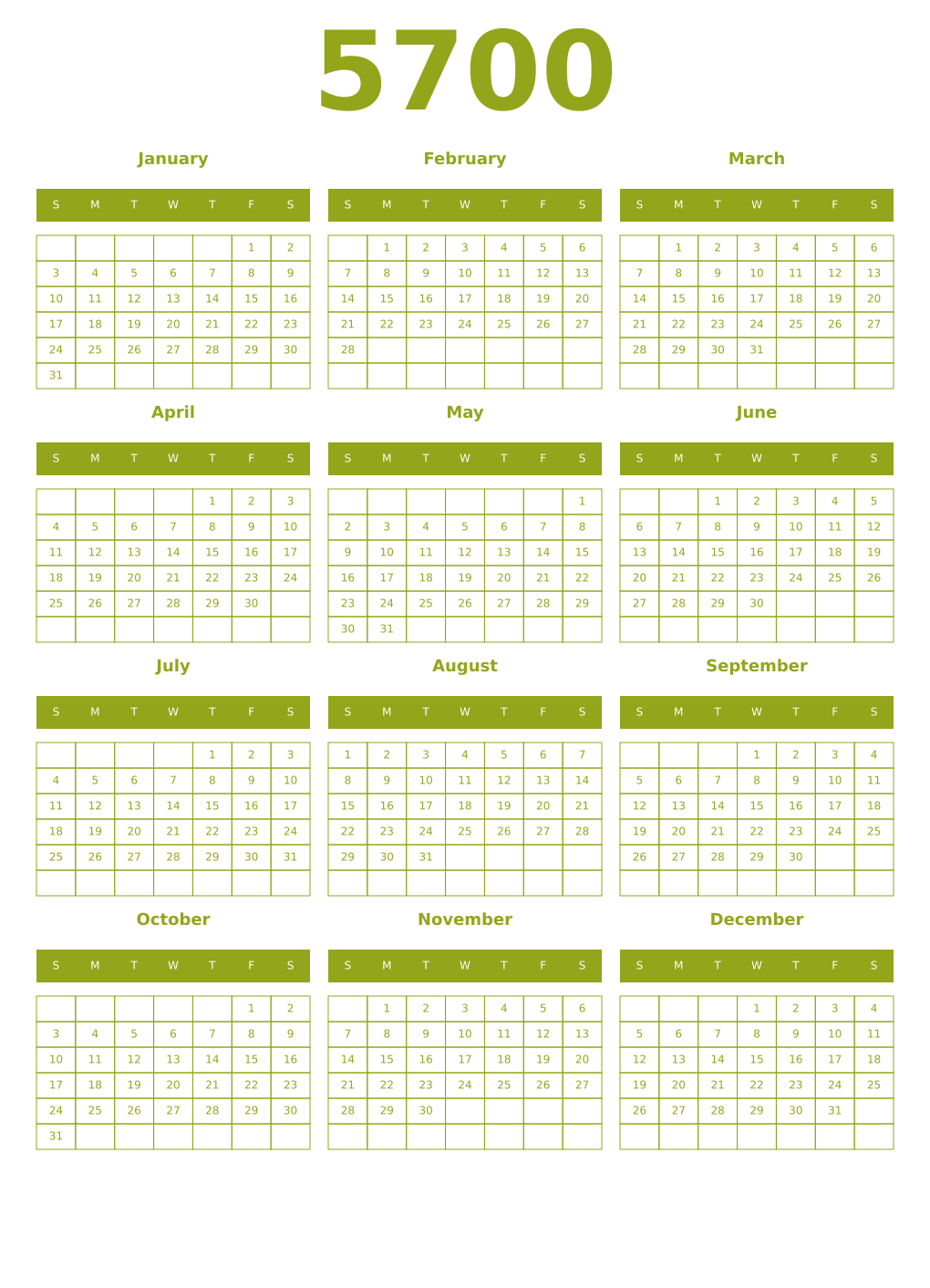 Printable 5700 Year Calendars chartreuse