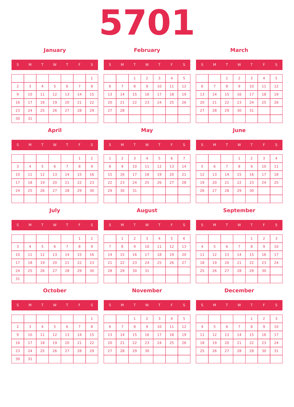 Printable 5701 Year Calendars amaranth