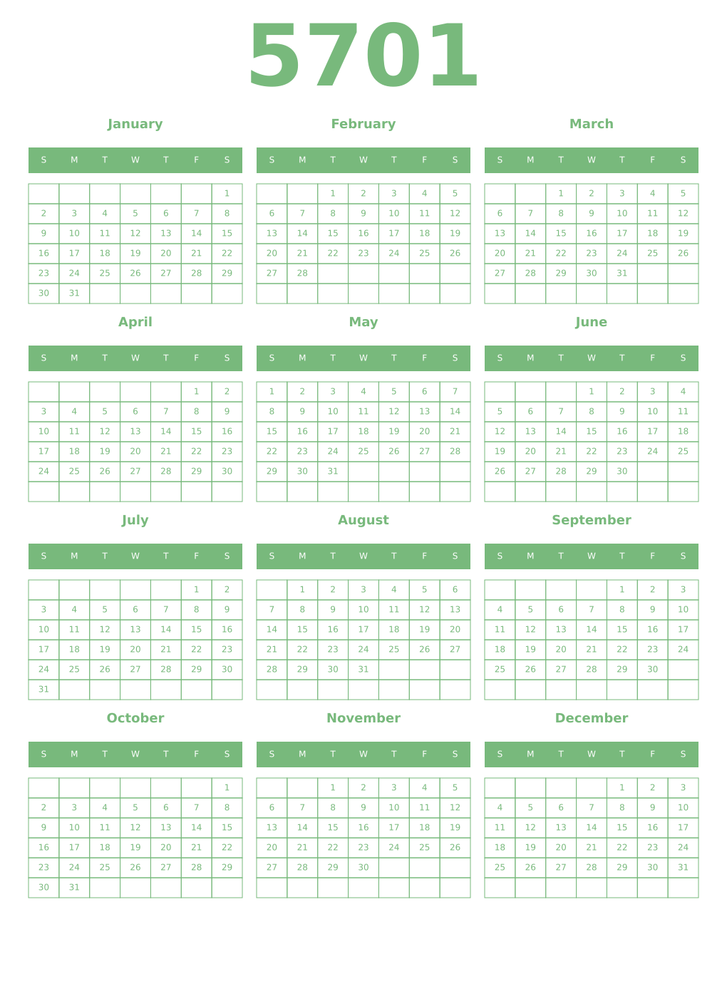 Printable 5701 Year Calendars celadon