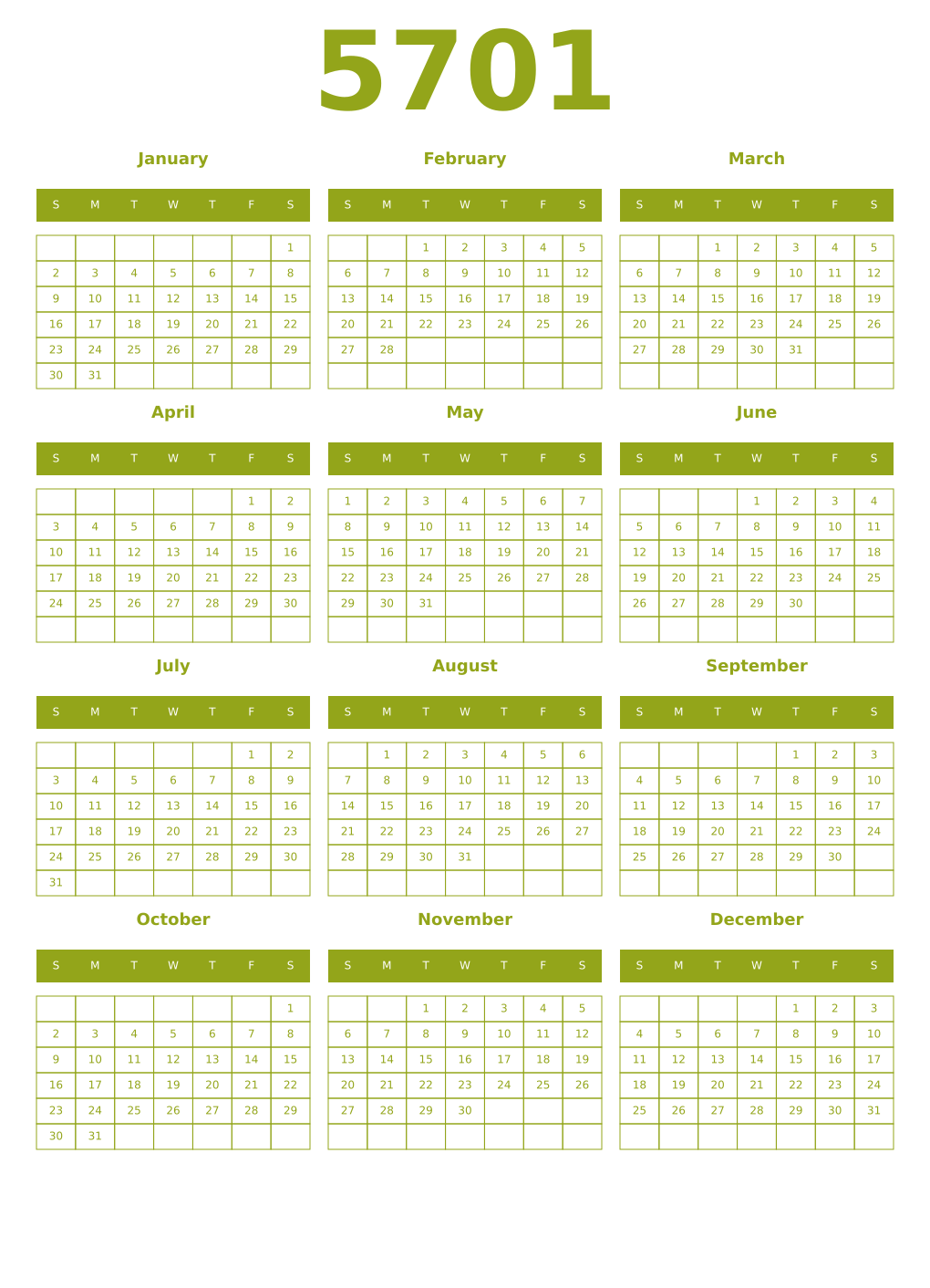 Printable 5701 Year Calendars chartreuse