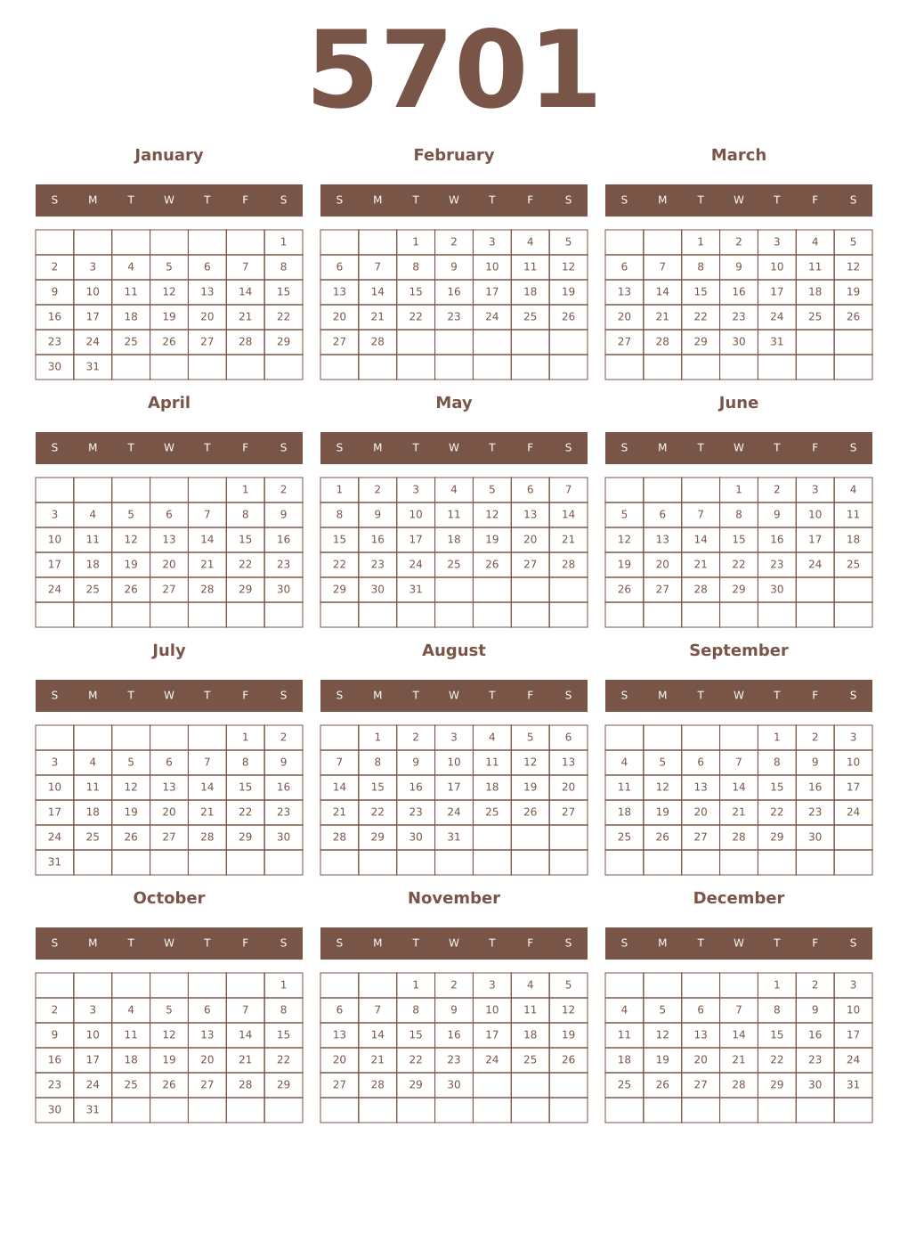 Printable 5701 Year Calendars coffe