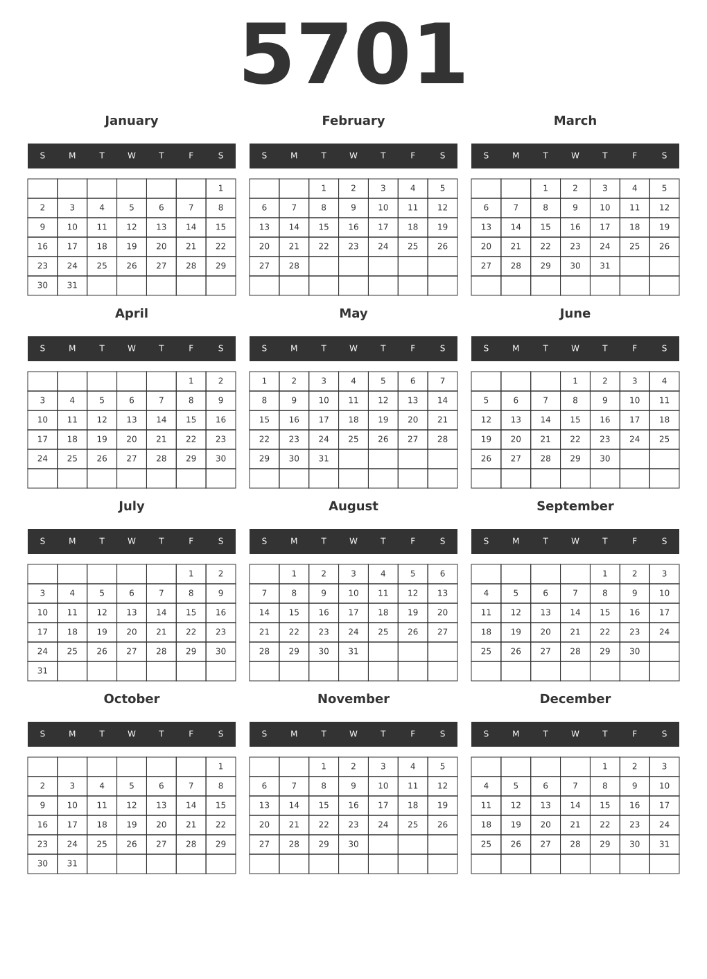 Printable 5701 Year Calendars dark