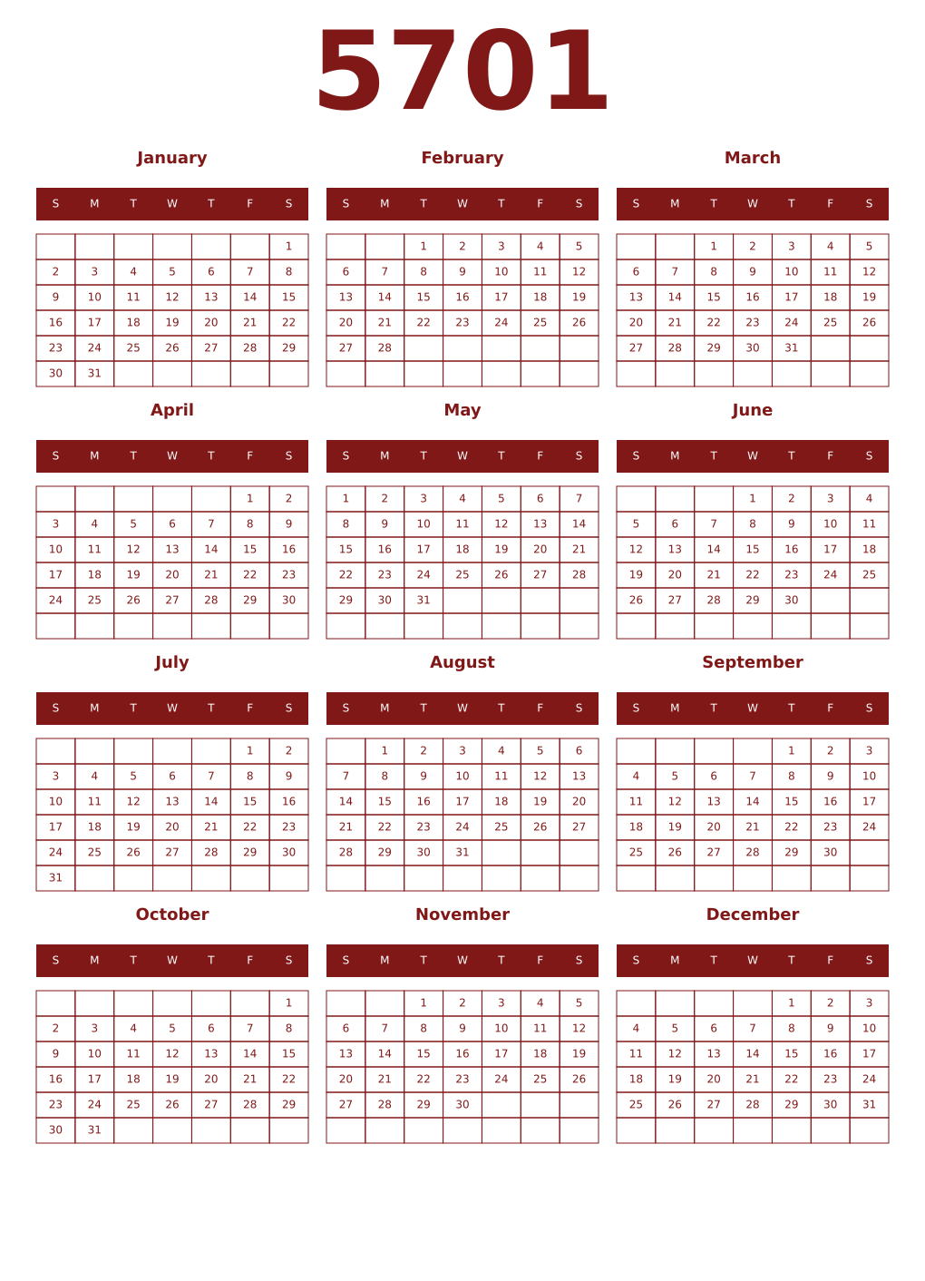 Printable 5701 Year Calendars falu