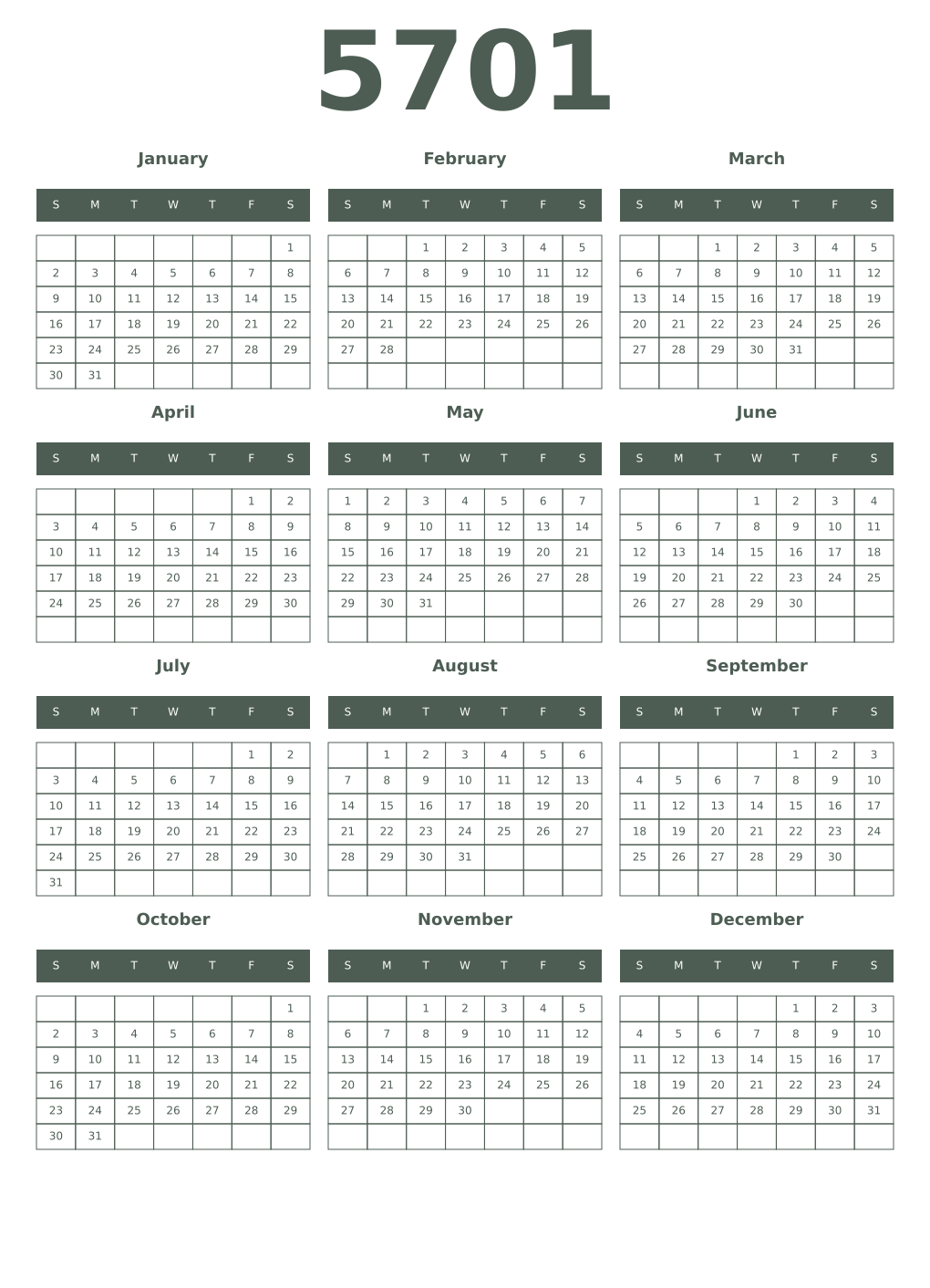 Printable 5701 Year Calendars feldgrau