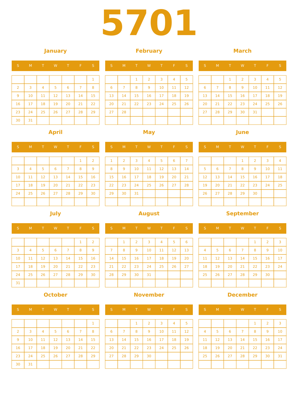 Printable 5701 Year Calendars gamboge