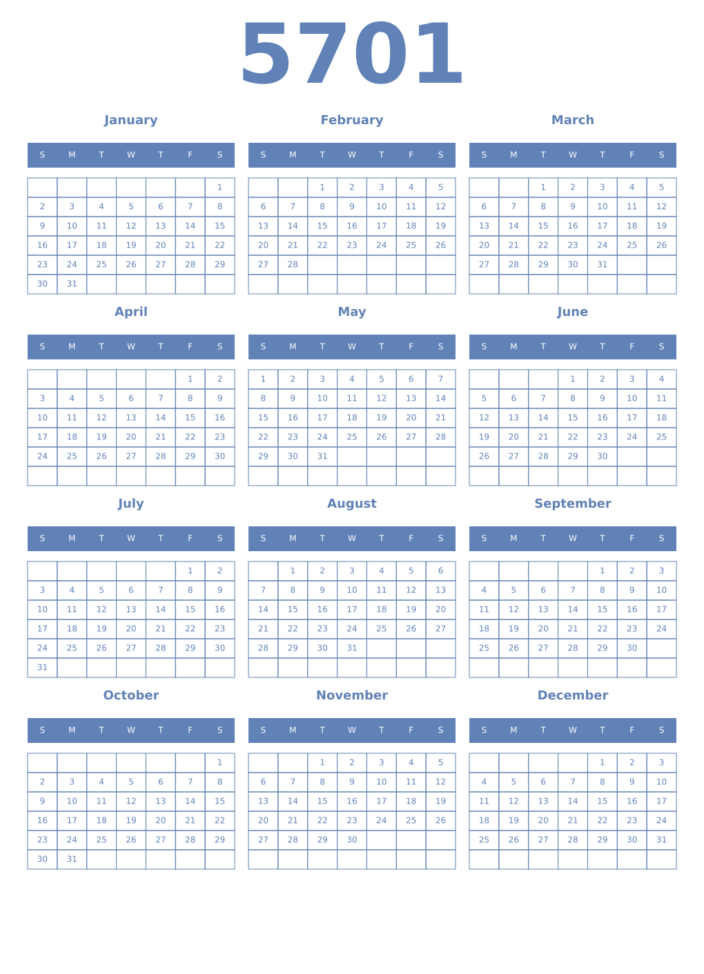 Printable 5701 Year Calendars glaucous