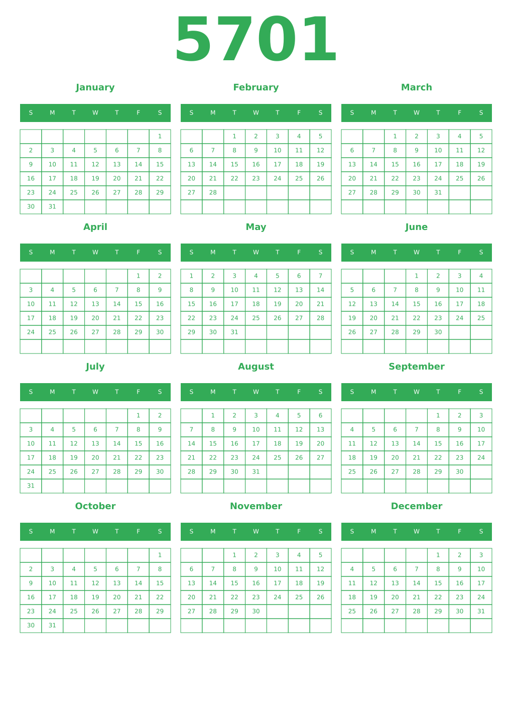 Printable 5701 Year Calendars green