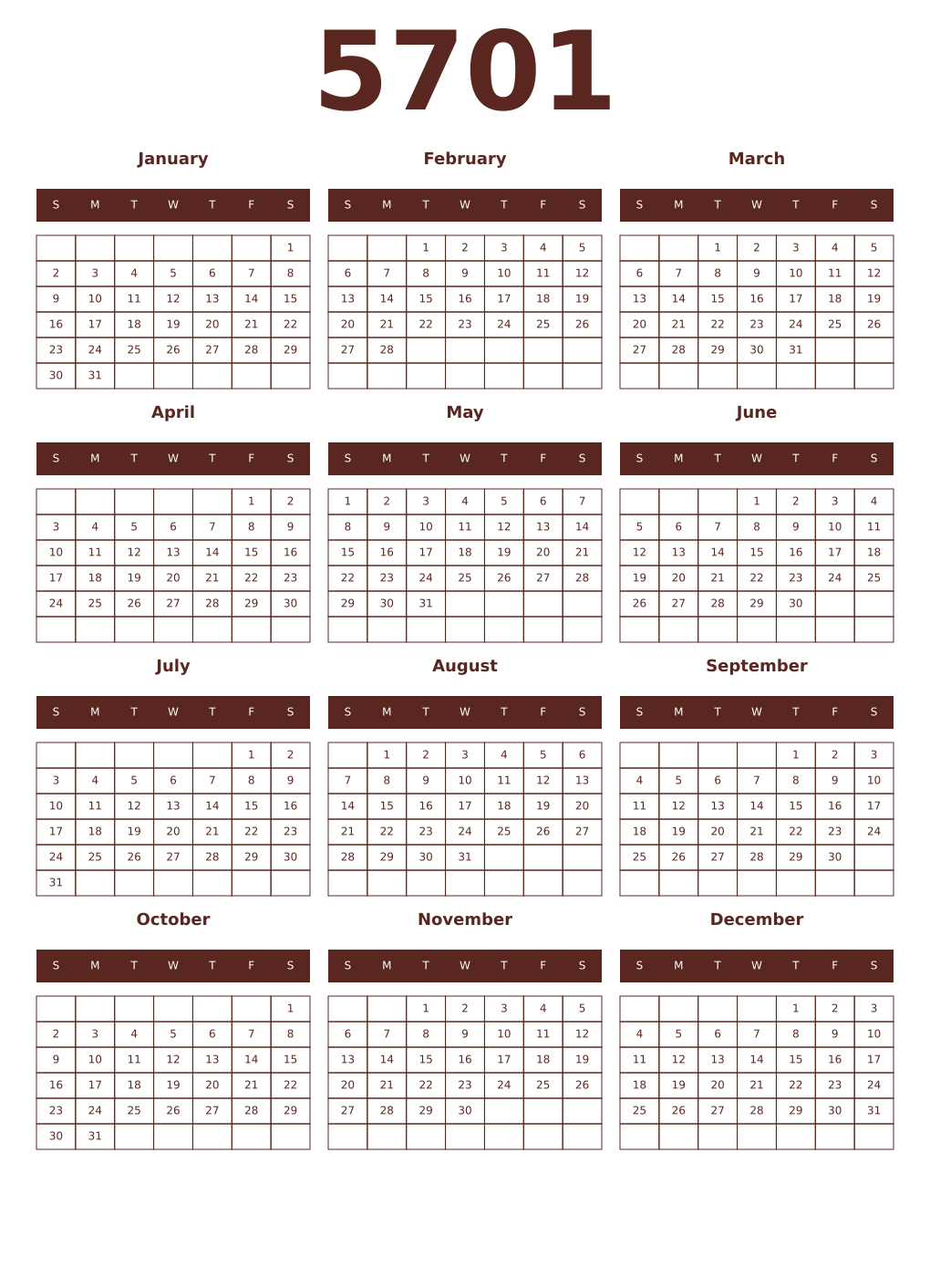 Printable 5701 Year Calendars mortuum