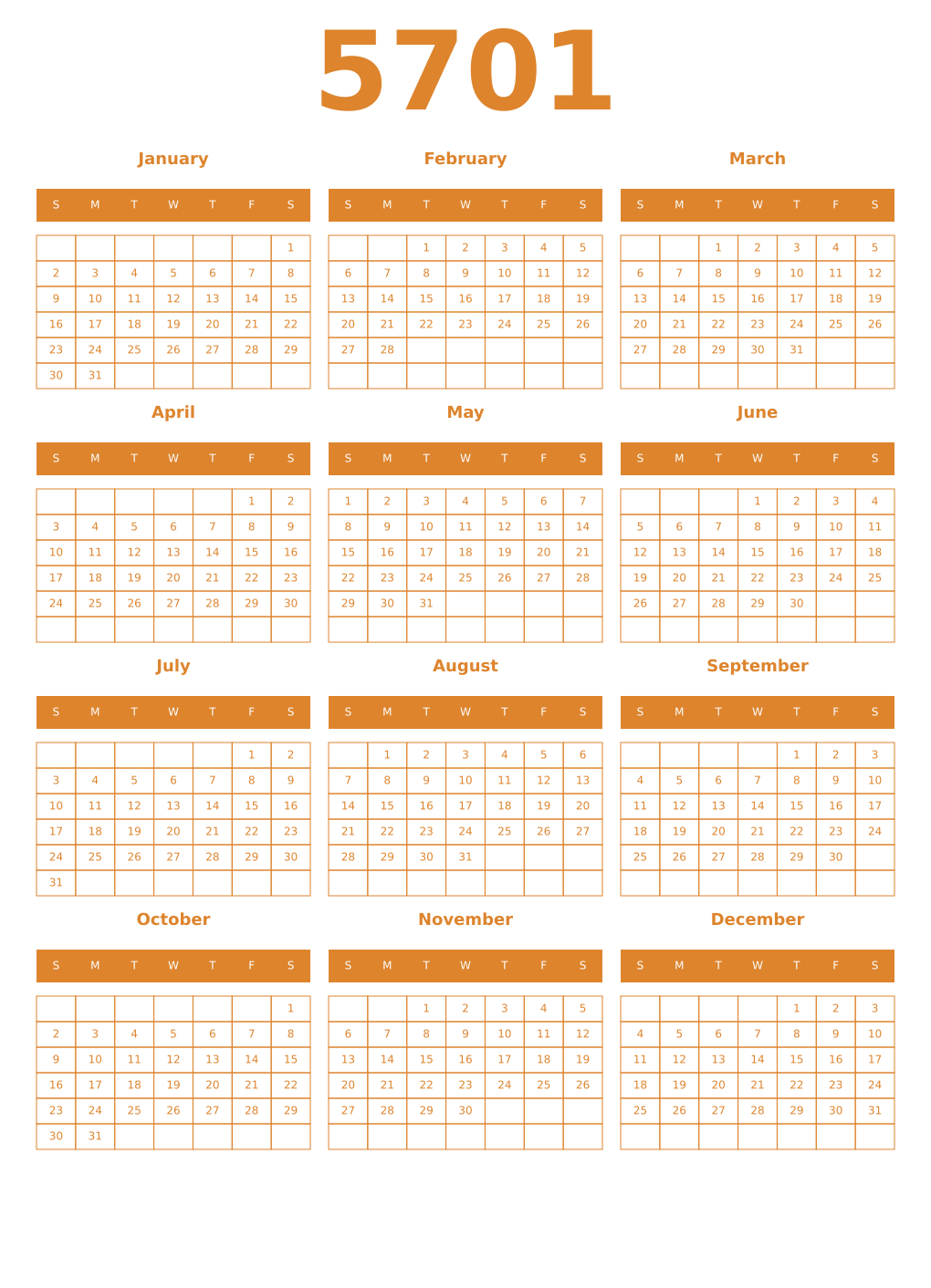Printable 5701 Year Calendars orange