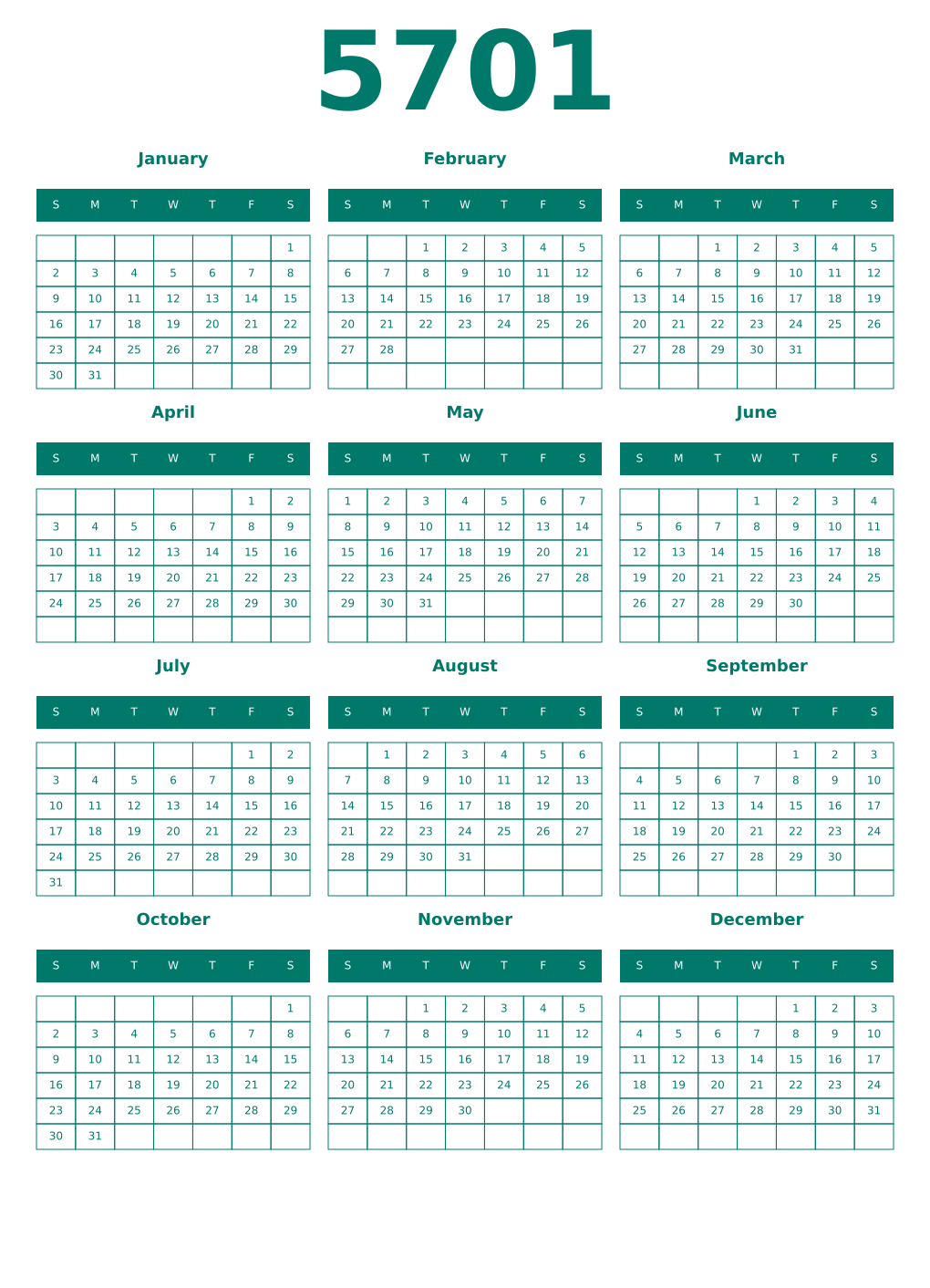 Printable 5701 Year Calendars pastel