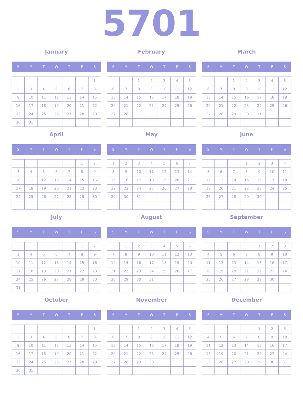 Printable 5701 Year Calendars periwinkle