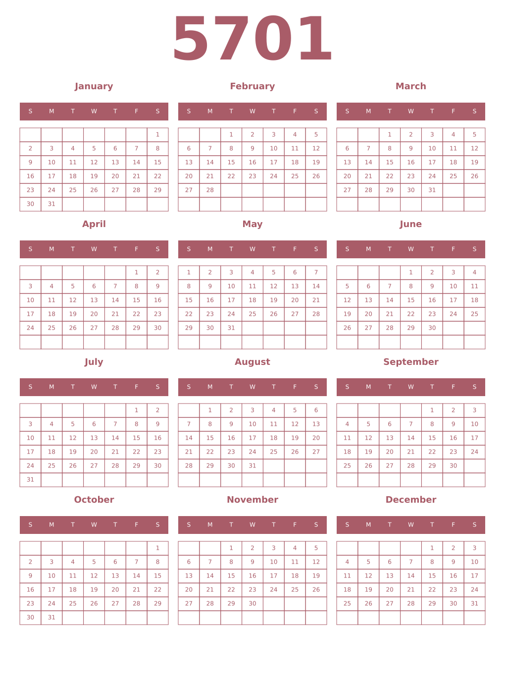 Printable 5701 Year Calendars puce