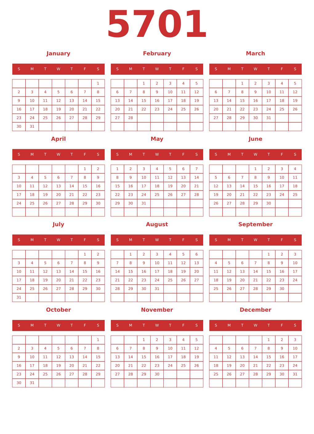 Printable 5701 Year Calendars red
