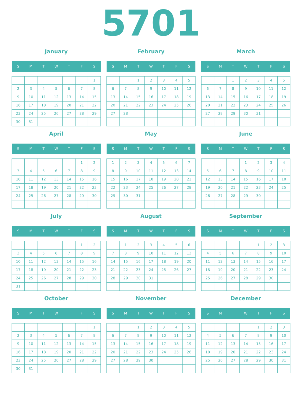 Printable 5701 Year Calendars verdigris