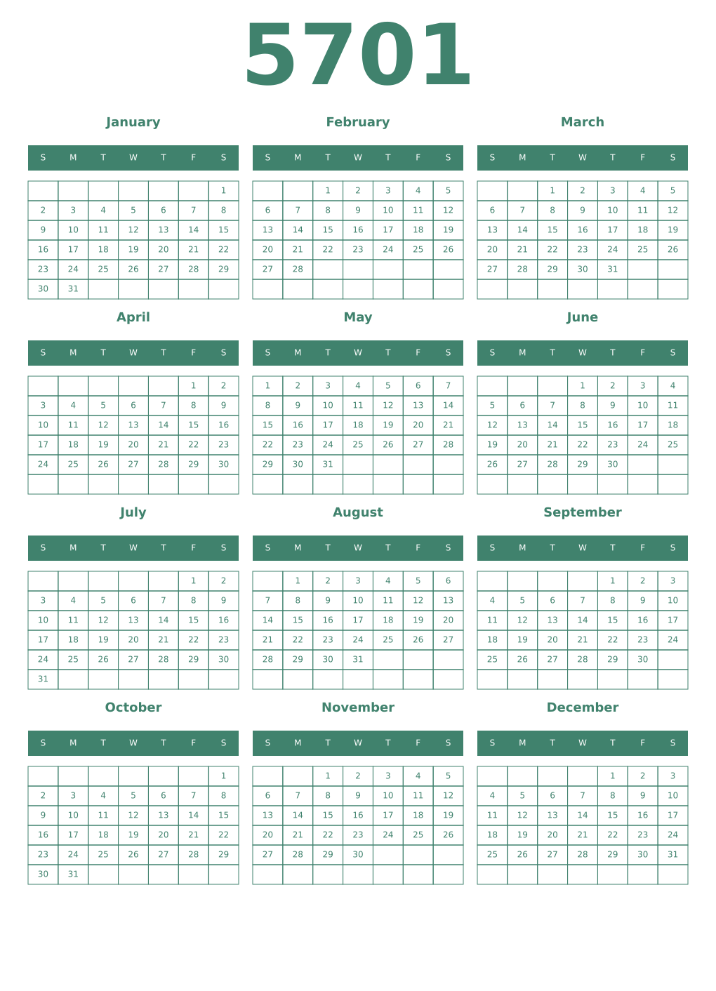 Printable 5701 Year Calendars viridian