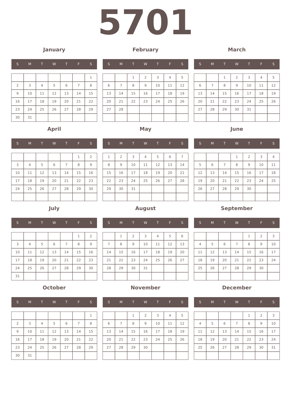 Printable 5701 Year Calendars wenge