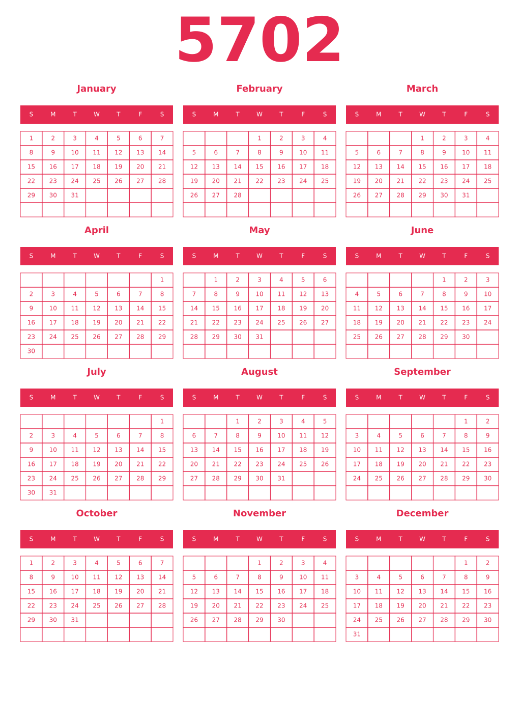 Printable 5702 Year Calendars amaranth