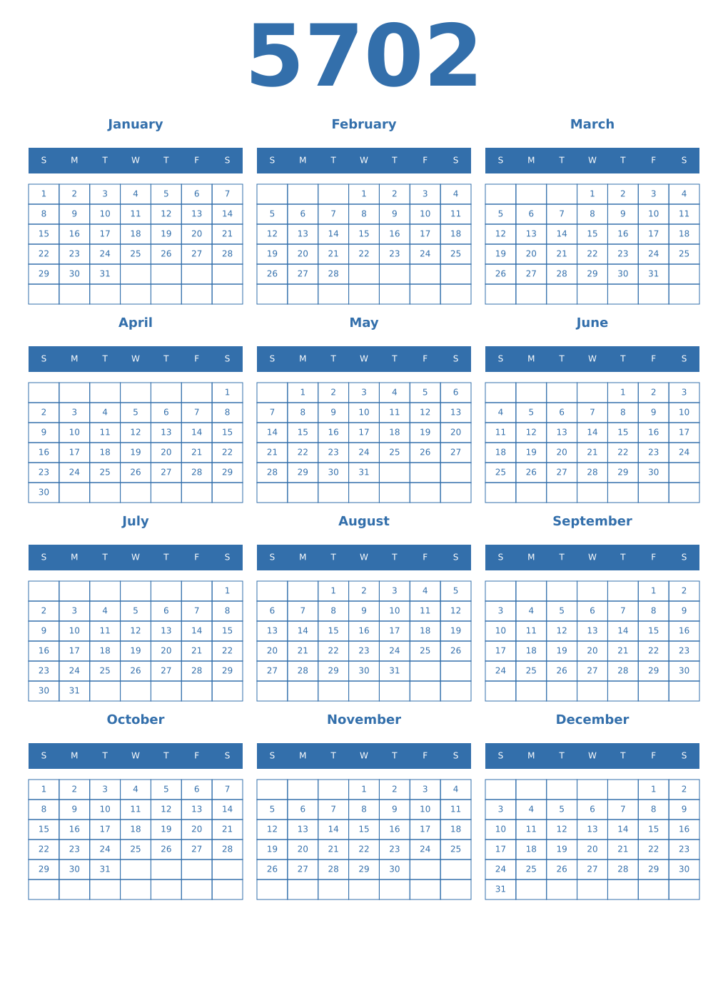 Printable 5702 Year Calendars blue