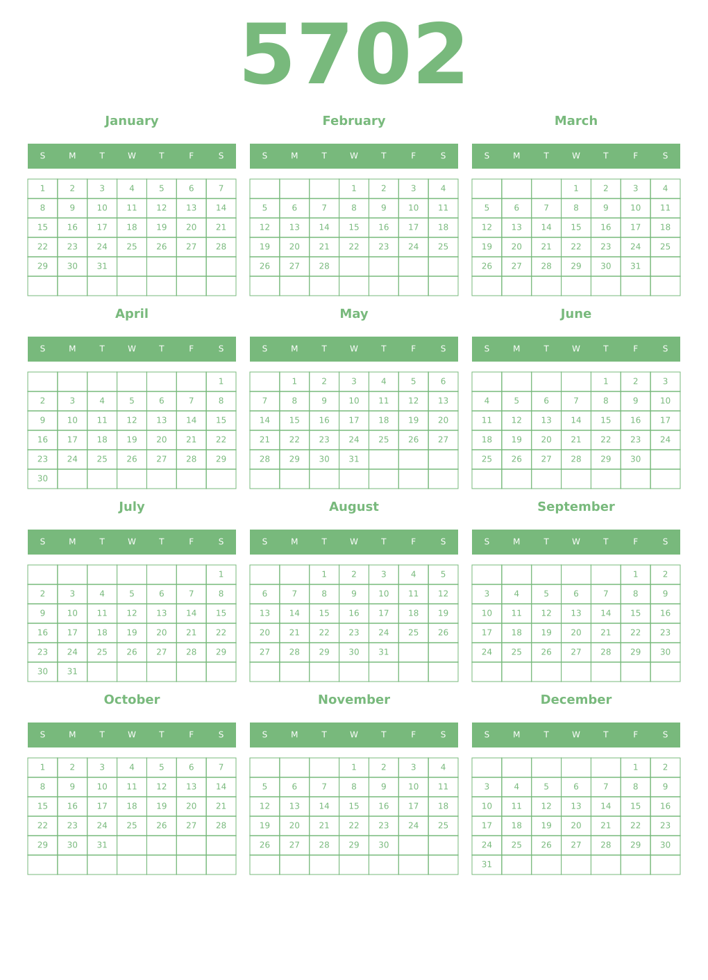 Printable 5702 Year Calendars celadon