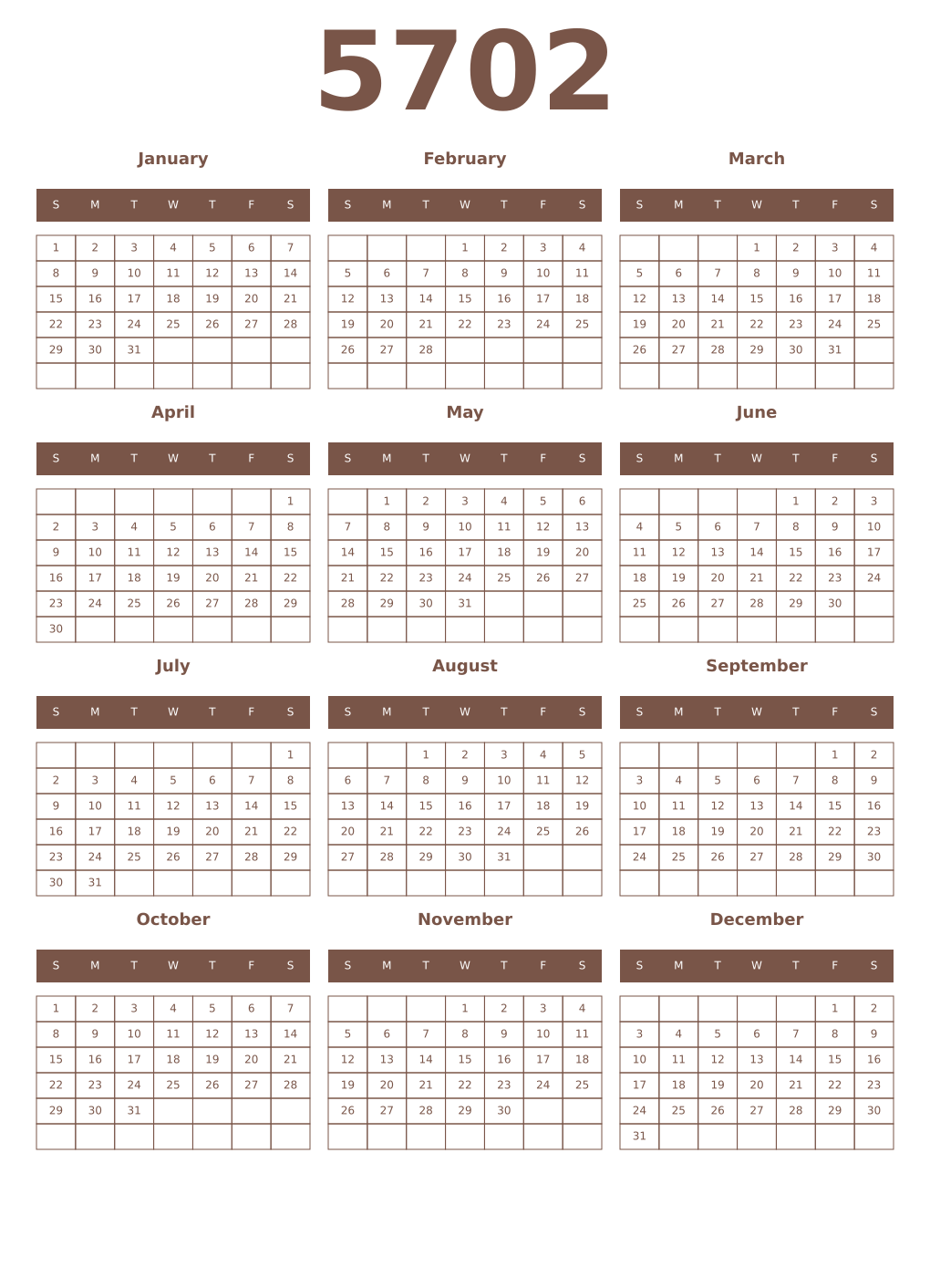 Printable 5702 Year Calendars coffe