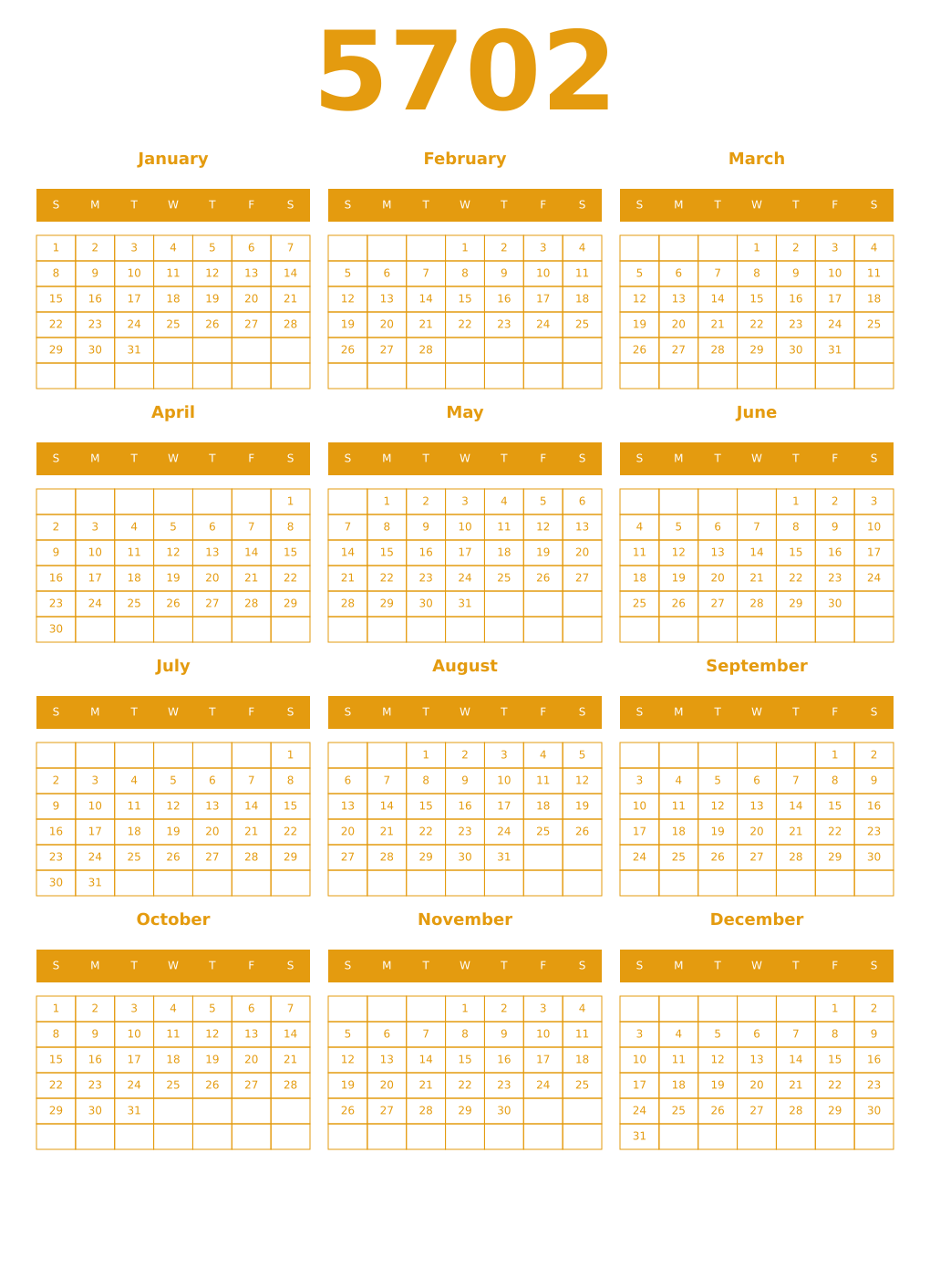 Printable 5702 Year Calendars gamboge