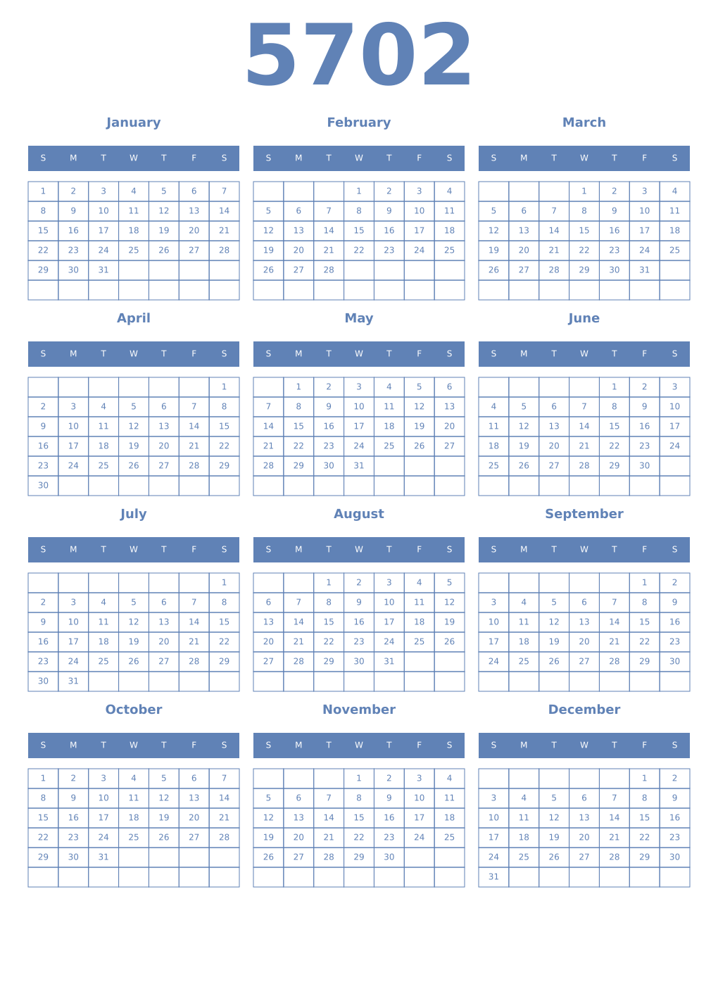 Printable 5702 Year Calendars glaucous