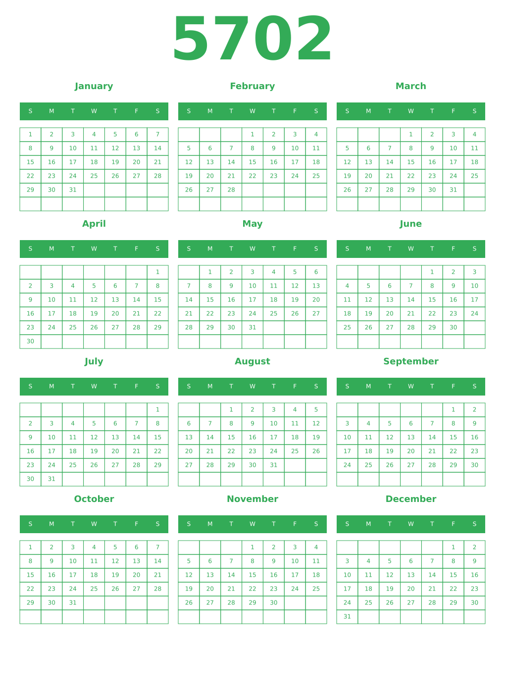 Printable 5702 Year Calendars green