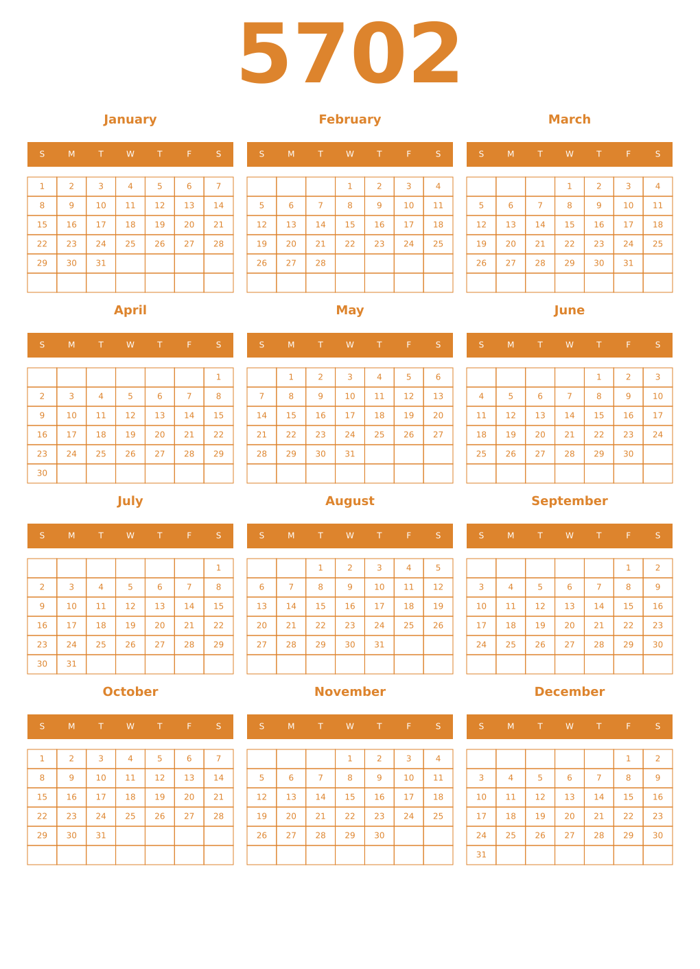 Printable 5702 Year Calendars orange