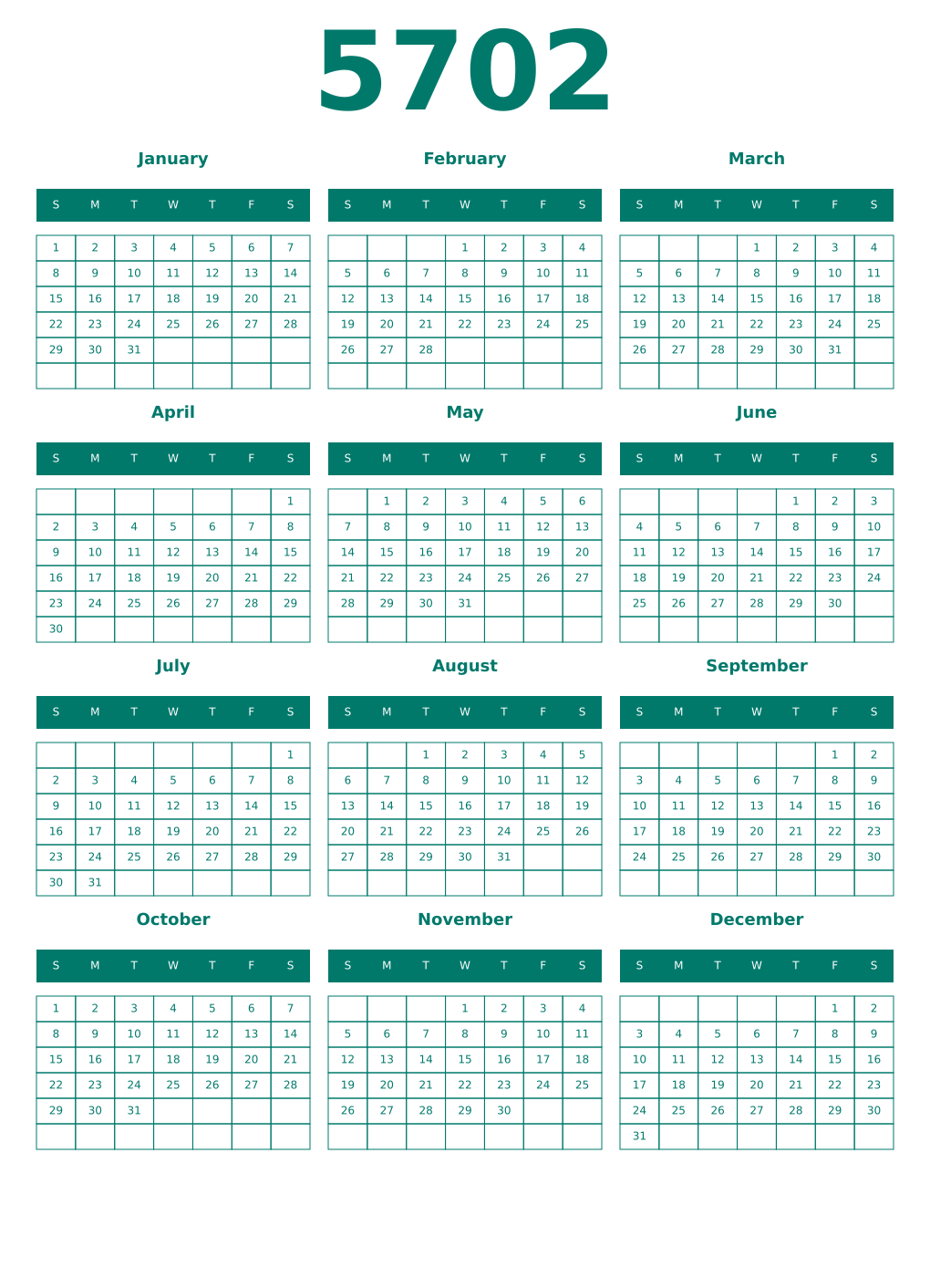 Printable 5702 Year Calendars pastel