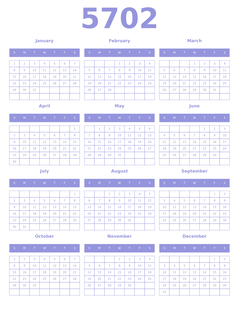 Printable 5702 Year Calendars periwinkle