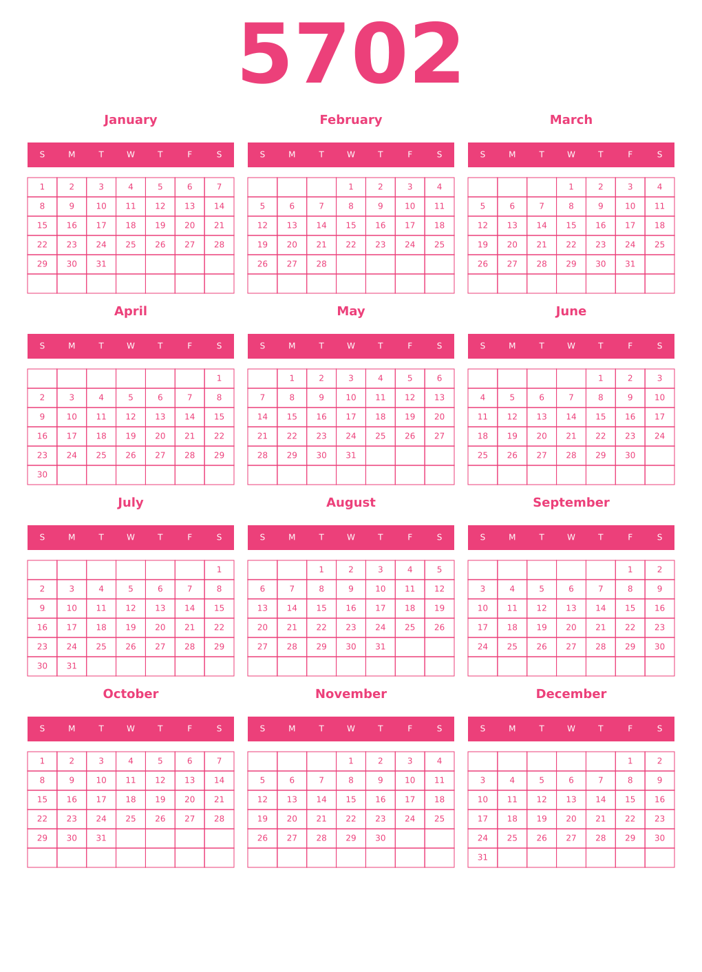 Printable 5702 Year Calendars pink