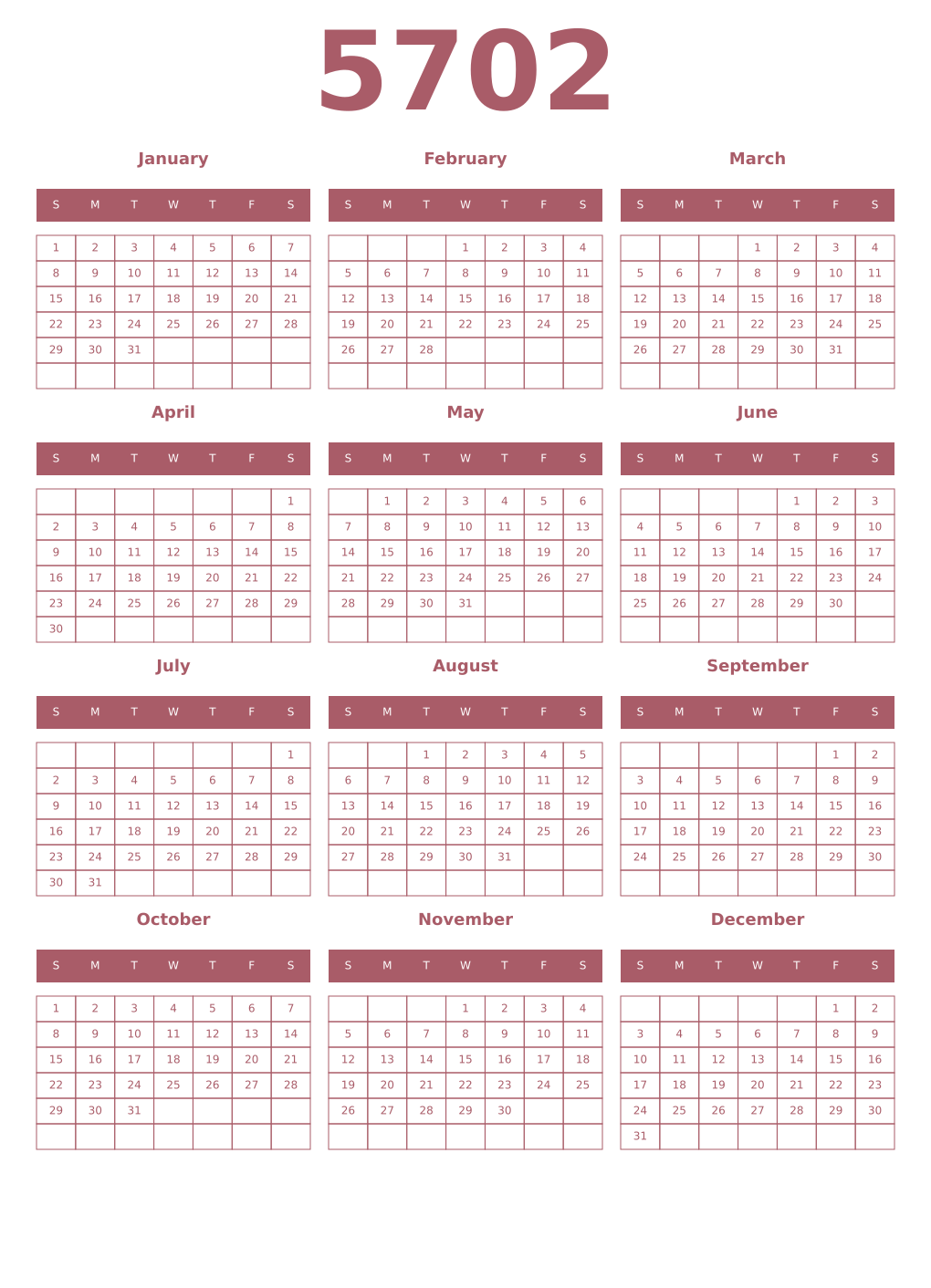 Printable 5702 Year Calendars puce