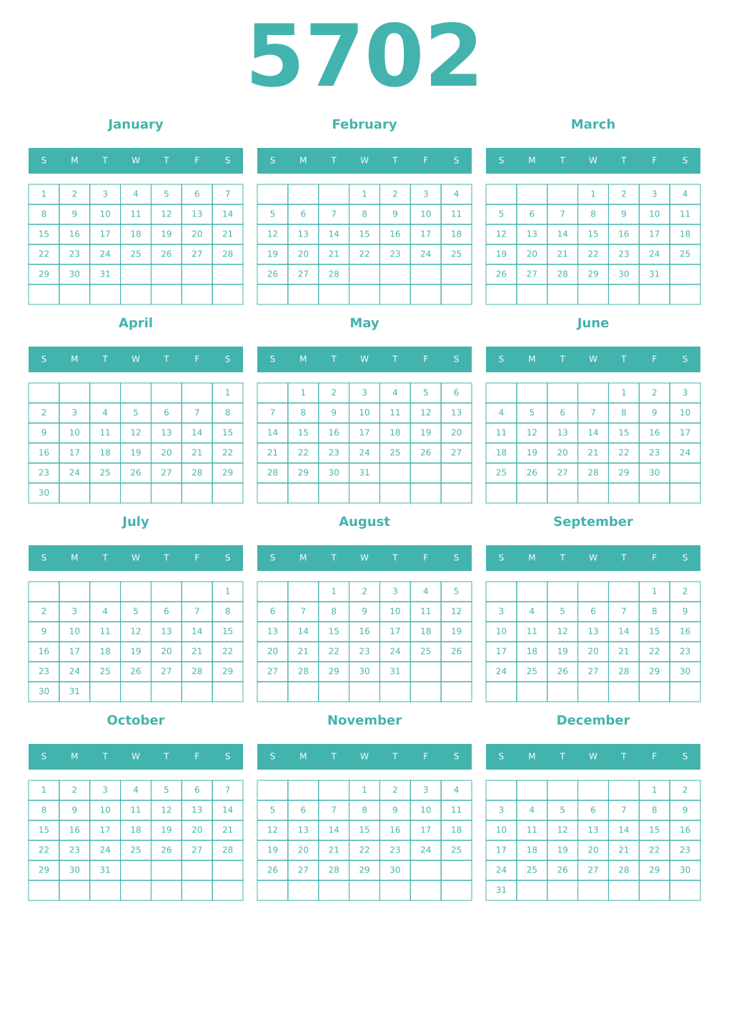 Printable 5702 Year Calendars verdigris