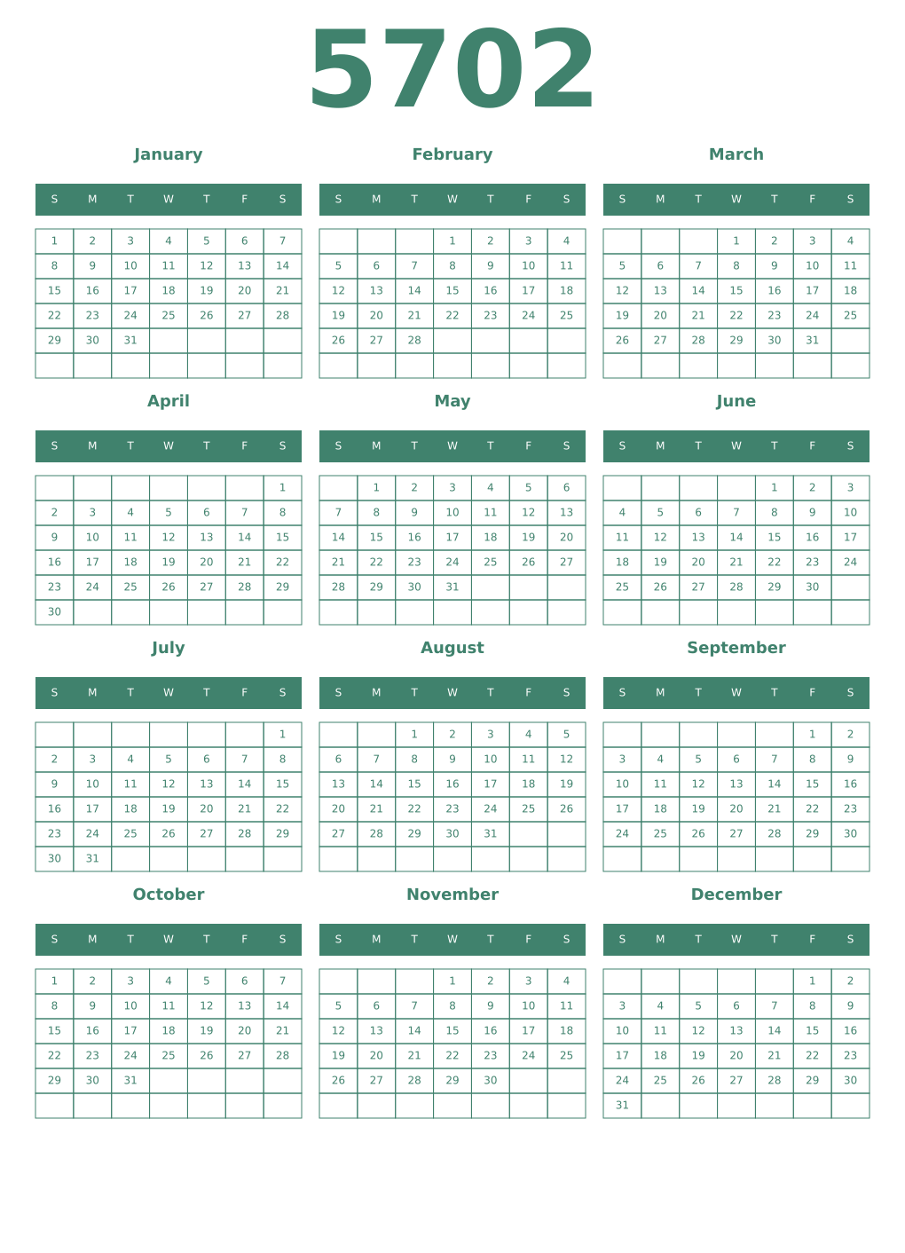 Printable 5702 Year Calendars viridian