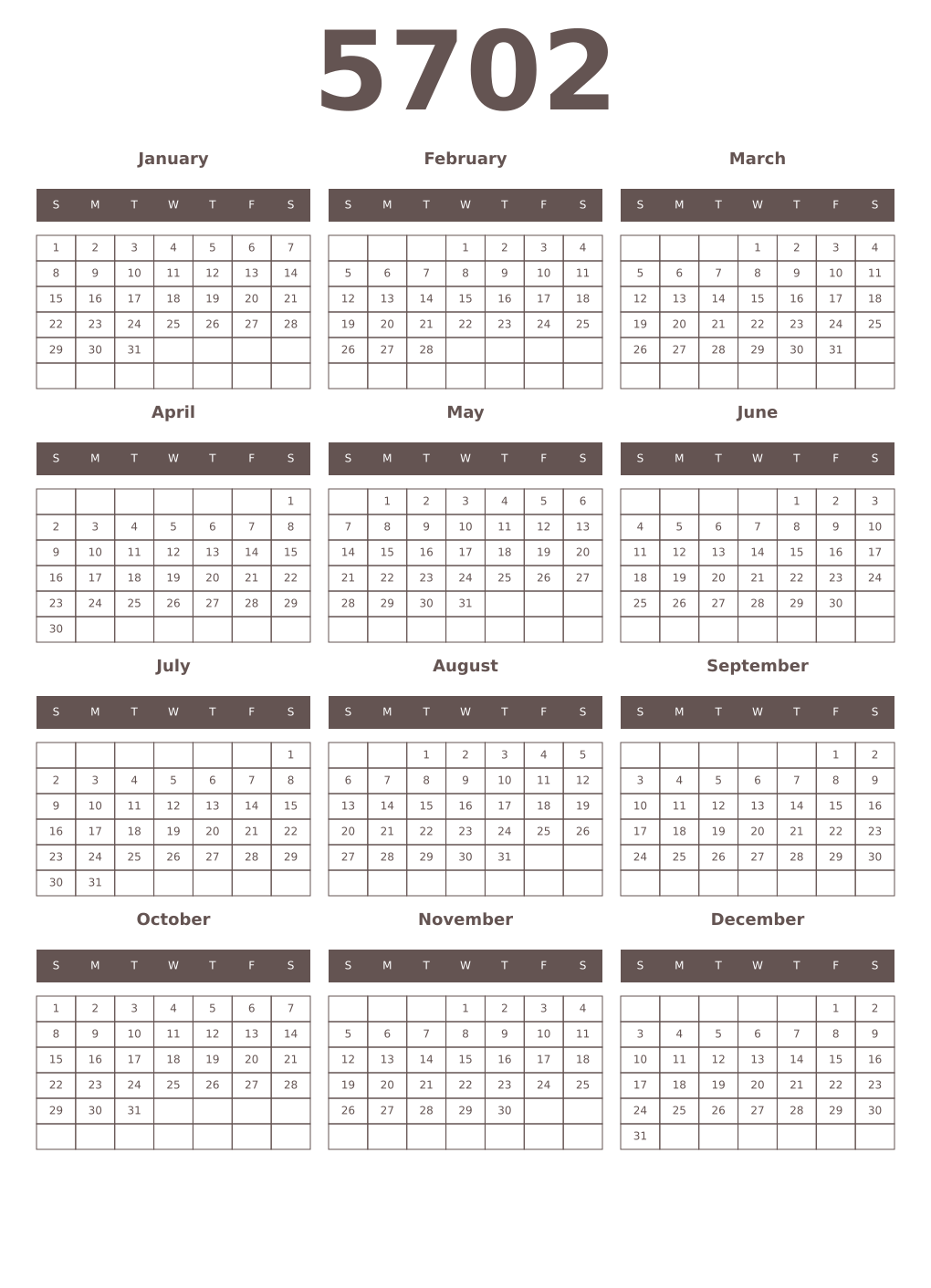 Printable 5702 Year Calendars wenge