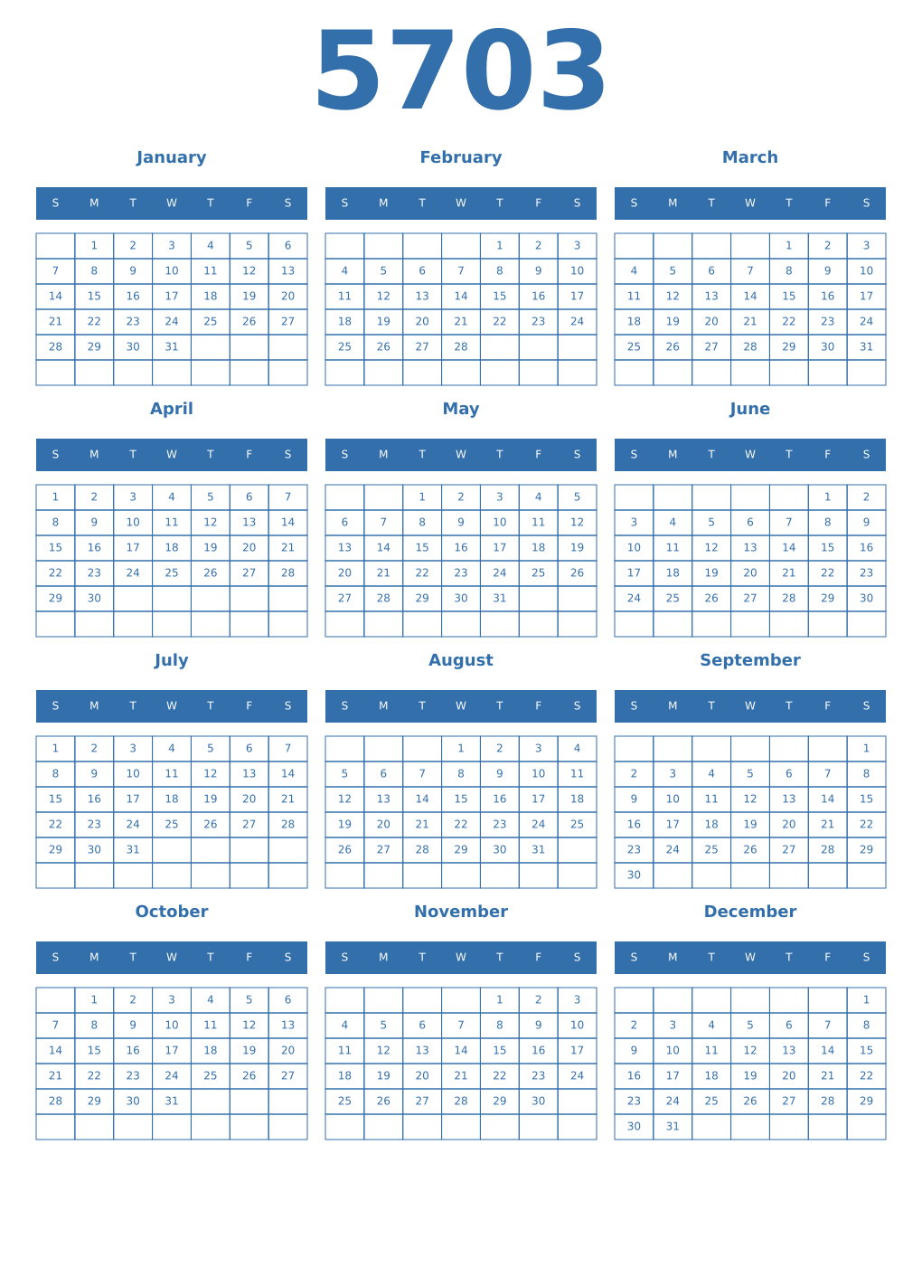 Printable 5703 Year Calendars blue