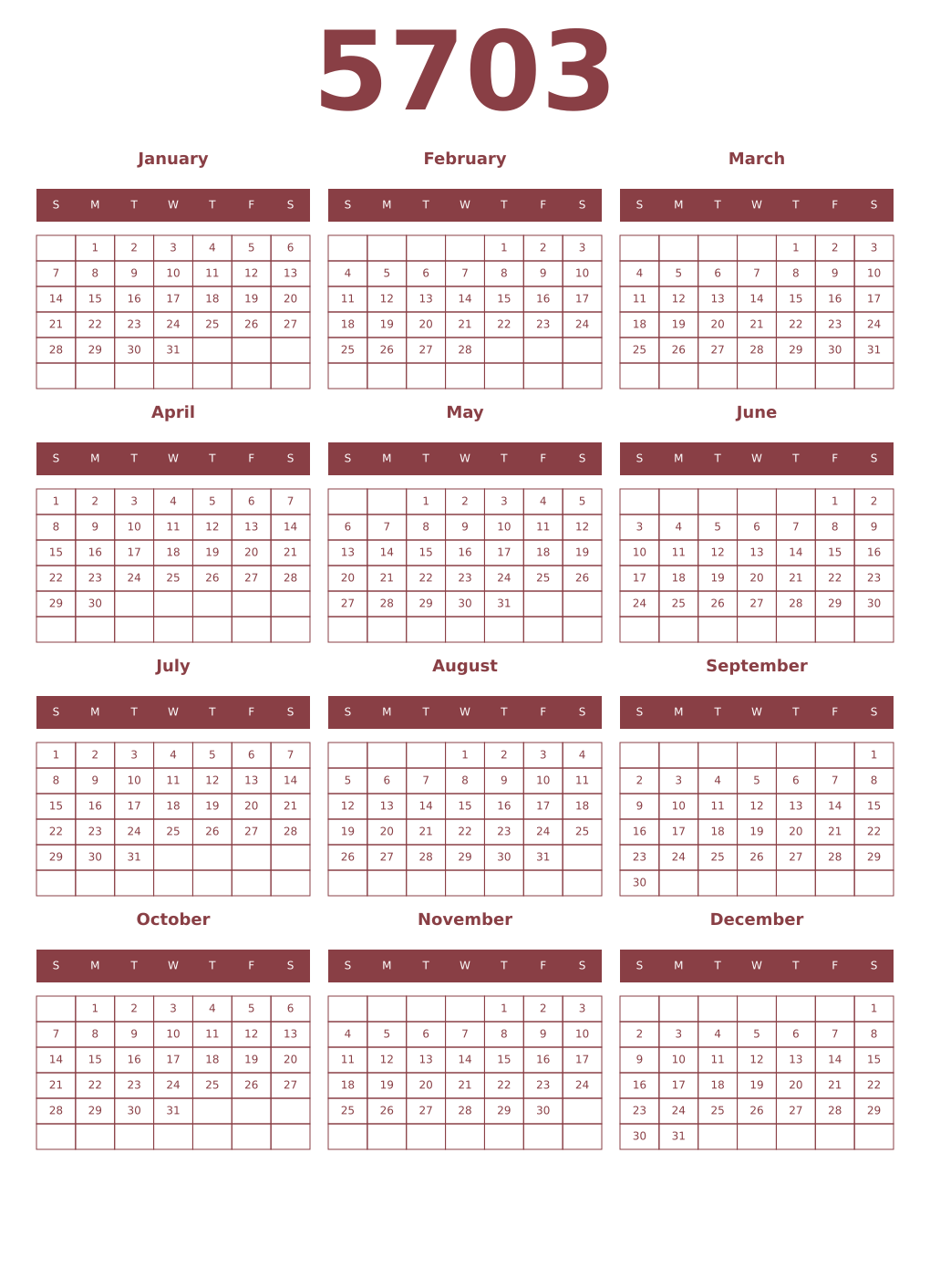 Printable 5703 Year Calendars cordovan