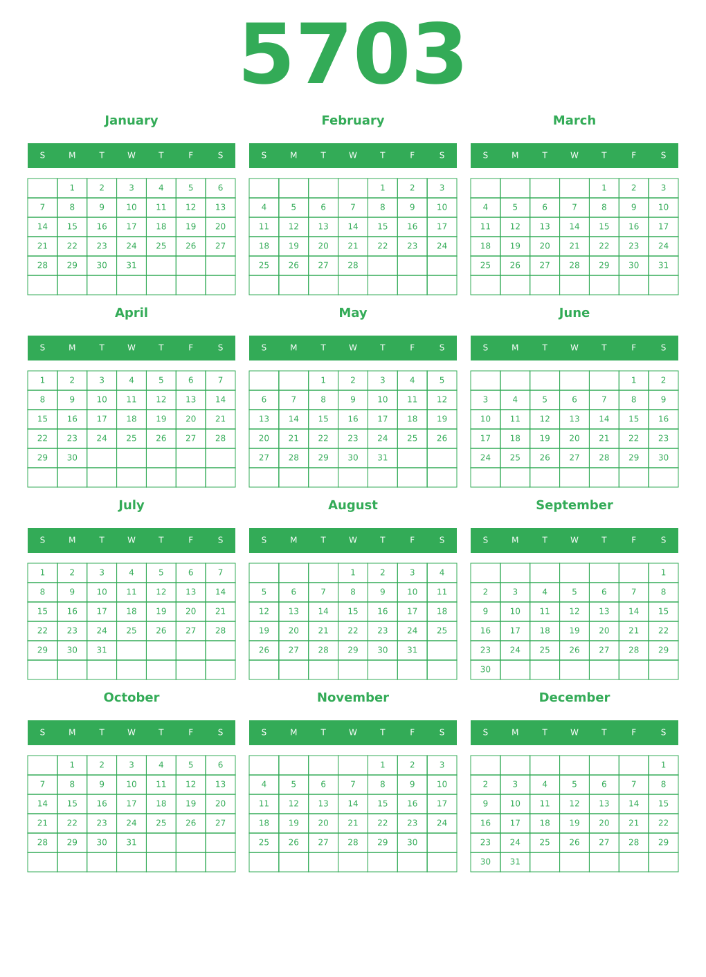 Printable 5703 Year Calendars green