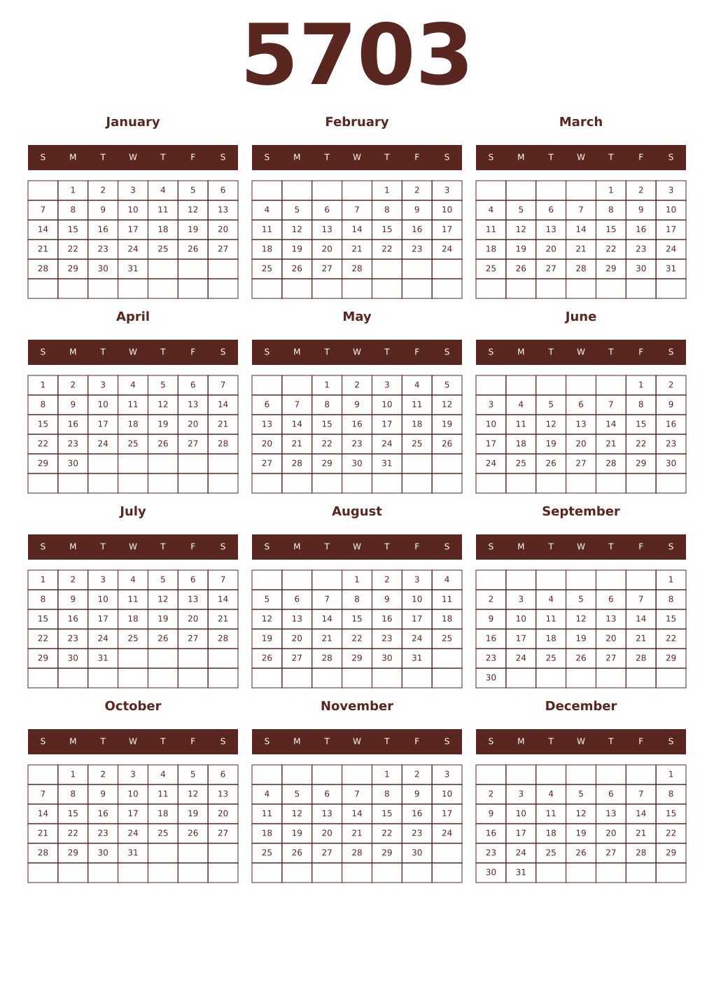Printable 5703 Year Calendars mortuum
