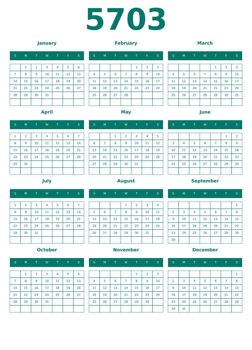 Printable 5703 Year Calendars pastel