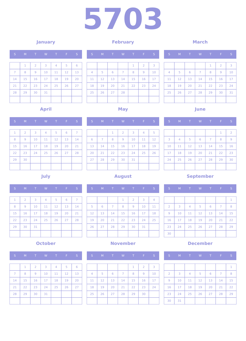 Printable 5703 Year Calendars periwinkle