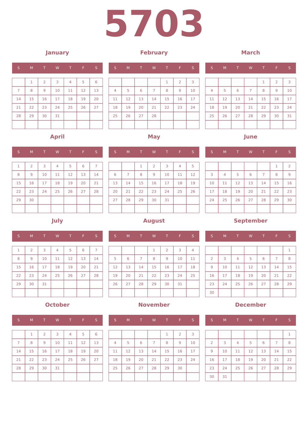 Printable 5703 Year Calendars puce