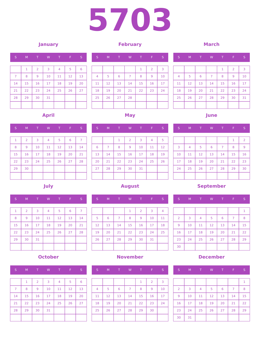 Printable 5703 Year Calendars purple